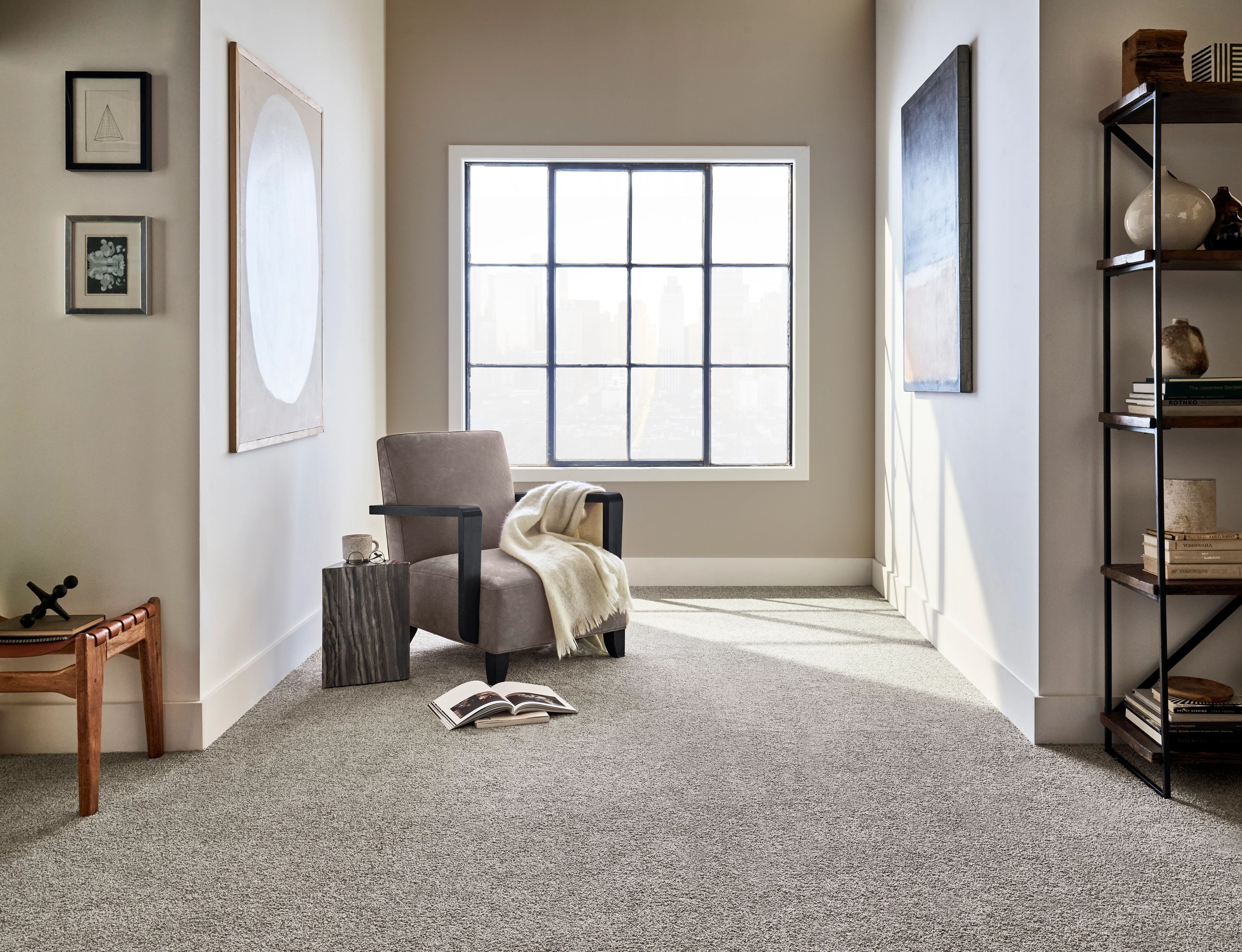 Carpeted room with cushioned chair and large window